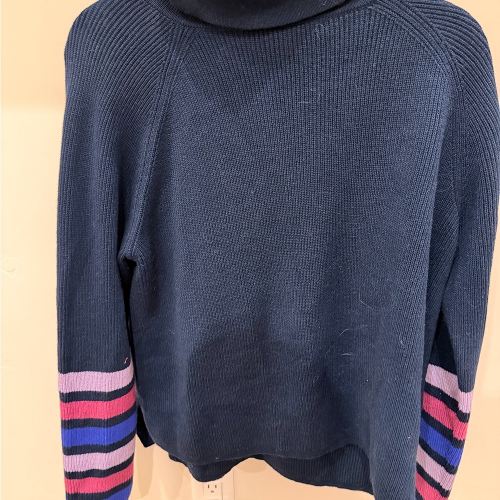 Title Nine Women's Blue Turtleneck Sweater with Striped Sleeves